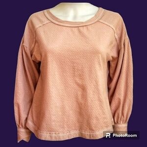 Blu PEPPER Pink Pin Dot Striped Raw Hem Long Sleeve Crew Neck Blouse